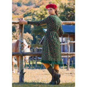 Green Floral Cotton Dress With Lace Elastic Waist